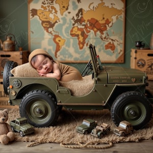 Neugeborenen digitalen Hintergrund | Armee grüne Wiege mit Spielzeug-Lastwagen und Reise-Dekor, Abenteuer-Baby-Foto-Requisite