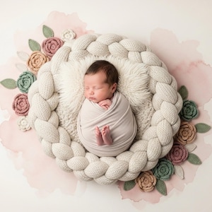 May include: A newborn baby swaddled in a light beige wrap, resting in a cream-colored braided nest with a fluffy interior. The nest is surrounded by crocheted flowers in shades of pink, green, and beige, set against a soft pink watercolor background.