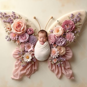 Könnte beinhalten: Ein Neugeborenes schläft in einem rosa und violetten, blumenförmigen Nest. Das Nest ist aus Stoff und hat ein Schmetterlingsdesign. Das Baby ist in eine weiße Decke gewickelt.