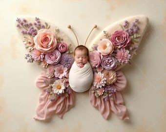Newborn Digital Backdrop | Blush & Mauve Butterfly Wings, Floral Fairytale Baby Photography Background