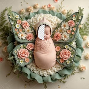 May include: A newborn baby swaddled in a pink blanket is nestled in a green and white floral butterfly-shaped nest. The nest is surrounded by small white and pink flowers.