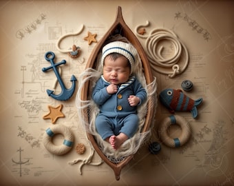 Newborn Digital Backdrop | Nautical Boat Prop with Anchor & Map | Ocean Baby Photo Background