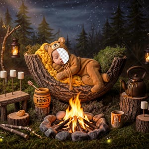 Puede incluir: Un bebé con un disfraz de oso marrón duerme en una cuna de madera, acurrucado sobre una manta amarilla. La escena está ambientada en un bosque con una fogata, linternas y malvaviscos, creando un tema de campamento acogedor.
