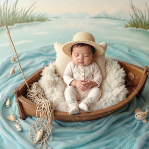 Puede incluir: Un bebé con un sombrero de paja y un atuendo de color crema está durmiendo en un bote de madera. El bote está sobre un fondo de tela azul con una red de pesca y peces de juguete.