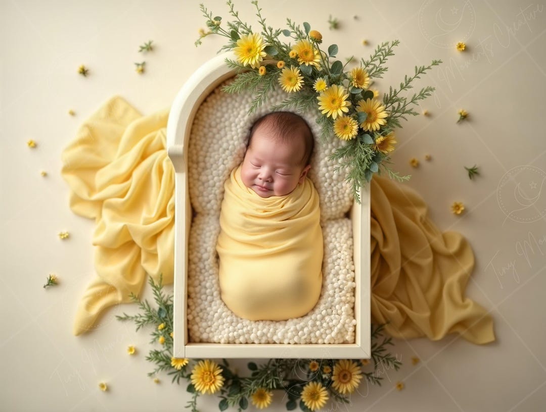 Newborn Digital Backdrop | Yellow Daisy Bassinet Cradle for Baby ...