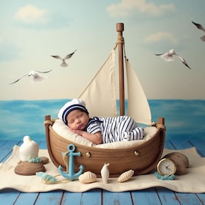 Newborn Digital Backdrop | Sailing Boat Cradle on Ocean Scene with Birds and Shells