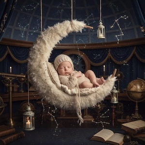 May include: A sleeping infant wearing a beige knit cap and onesie rests on a large, crescent-shaped moon prop covered in fluffy white material. The moon is suspended in a room filled with vintage globes, telescopes, and open books.