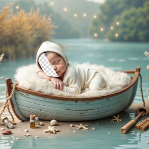 Puede incluir: Un bebé recién nacido con un mono blanco con capucha descansa en un pequeño bote de madera azul claro forrado con suave piel blanca. El bote está en una orilla arenosa con conchas, estrellas de mar y pequeñas botellas.