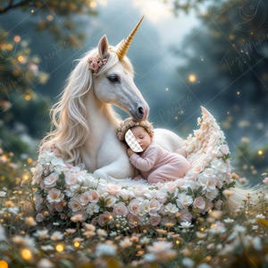 May include: A serene image of a white unicorn with a golden horn, adorned with pink flowers, gently nuzzling a sleeping baby. The baby is nestled in a bed of white and pink roses, creating a whimsical, fairytale scene. The background is a soft, blurred forest.