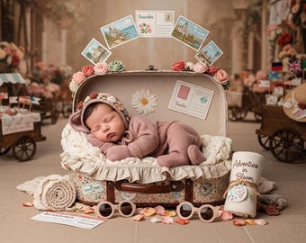 May include: A sleeping baby in a pink outfit and floral bonnet rests inside a vintage suitcase. The suitcase is decorated with flowers and postcards. Sunglasses and a rolled blanket are nearby.