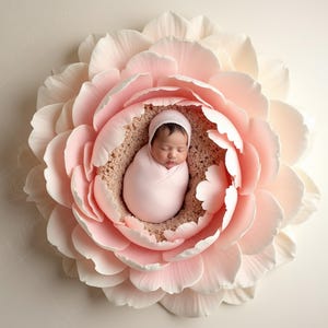 Peut inclure: Un nouveau-né enveloppé dans une couverture rose et portant un bonnet assorti, niché à l'intérieur d'une grande fleur rose et crème. La fleur est un accessoire pour la photographie de nouveau-nés.