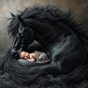 Majestic Black Horse Digital Backdrop - Fantasy Newborn Photography Prop