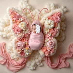 May include: A newborn baby is swaddled in a pink blanket and placed in a flower-shaped nest. The nest is made of white fluffy material and decorated with pink and white flowers.