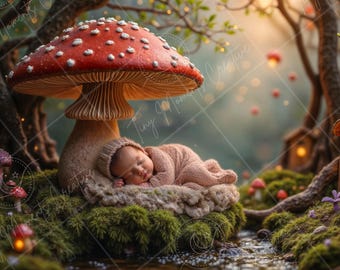 Fairy Mushroom Village | Whimsical Baby Prop | Newborn Digital Backdrop