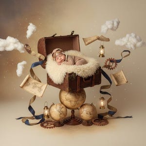 May include: A sleeping infant wearing an aviator cap rests inside an open brown vintage suitcase lined with cream-colored faux fur. The suitcase is balanced on three antique globes, surrounded by floating cotton clouds, lanterns, and scrolls.