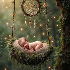 May include: A newborn baby sleeping in a nest-like cradle made of twigs and greenery, hanging from a tree branch. A dreamcatcher with feathers hangs above the cradle. The scene is lit by fairy lights.