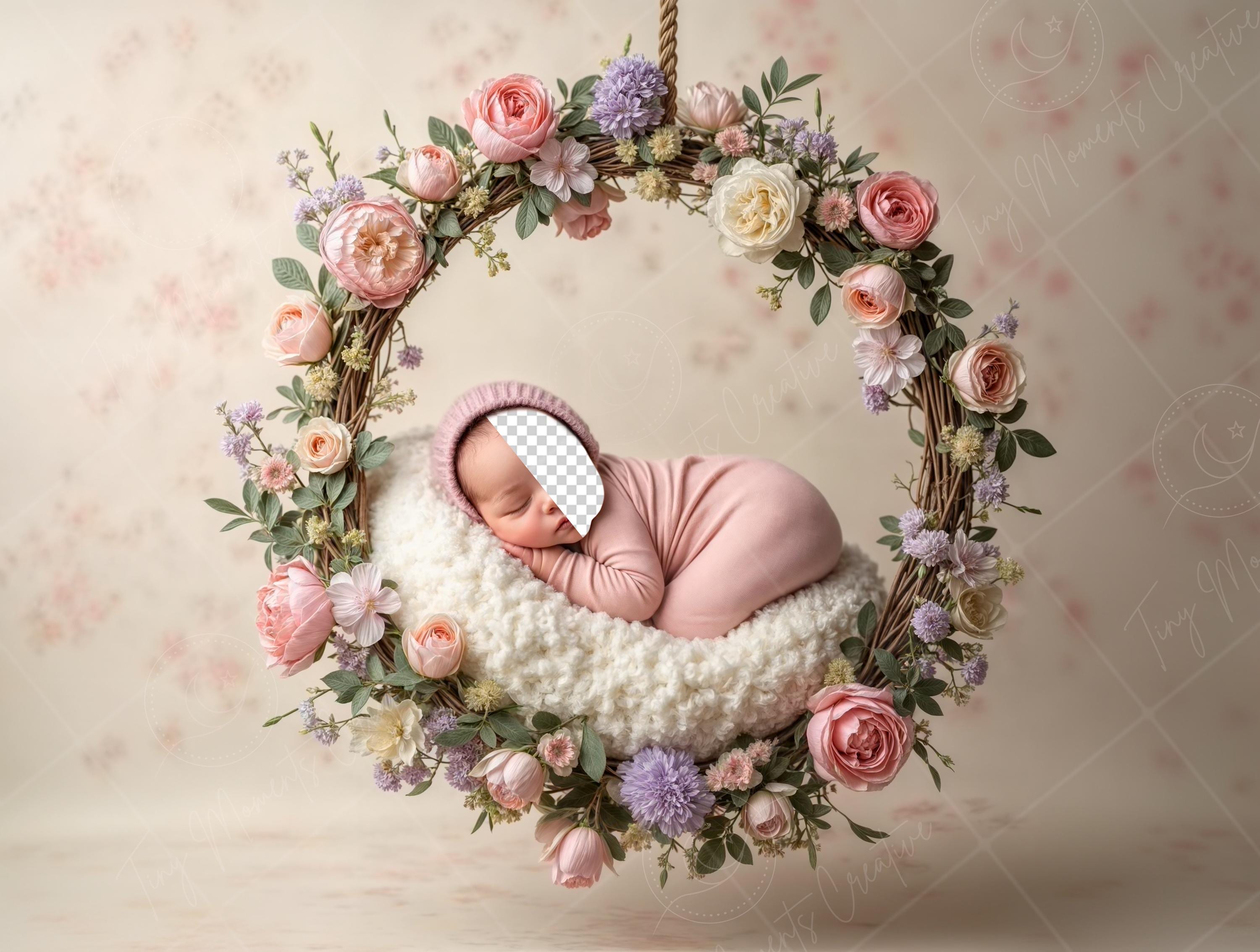 PSD: Face Insert Floral Swing Ring, Newborn Digital Face Replace Backdrop | Newborn Digital Backdrop