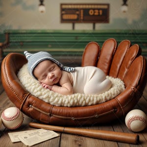 May include: A newborn baby wearing a striped hat and white outfit sleeps peacefully inside a large, brown leather baseball glove. Two baseballs, a wooden bat, and vintage tickets are on the wooden surface.