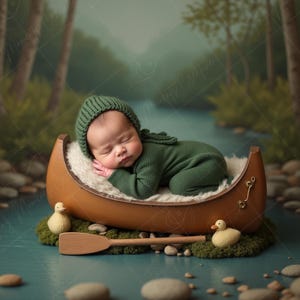May include: A newborn baby wearing a green knit hat and outfit, sleeping peacefully in a miniature wooden canoe. The canoe rests on a bed of moss with a wooden paddle and two small duck figurines. The background features a serene river scene.