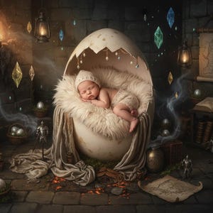 May include: A sleeping infant wearing a cream-colored knit hat and diaper rests inside a large, cracked eggshell lined with white faux fur. The scene includes floating crystals, hanging lanterns, small knight figurines, books, and scrolls.