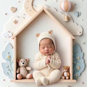 Könnte beinhalten: Ein schlafendes Baby in einer cremefarbenen gestrickten Bärenmütze und einem passenden gestrickten Outfit liegt in einem hölzernen, hausförmigen Regal. Das Regal ist mit Wolken, Blumen, einem Halbmond und einem Heißluftballon verziert. Zwei Teddybären befinden sich mit dem Baby im Regal.