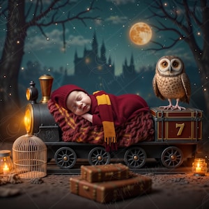 May include: A baby sleeping on a toy train with a red and gold blanket. A brown owl is perched on a small wooden box with the number 7 on it. The train is surrounded by small lanterns and a birdcage.