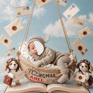 May include: A baby in a knitted outfit and winged hat, lying in a hanging basket, with floating envelopes and two dog figurines wearing aviator goggles. The scene is set against a blue sky with clouds. The basket is suspended by ropes.
