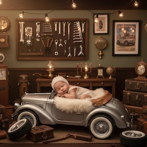 May include: A sleeping infant wearing a cream-colored knit bonnet and outfit, resting inside a silver vintage-style toy car. The car features white-walled tires, a tan leather-look interior, and a plush white faux fur lining for comfort.