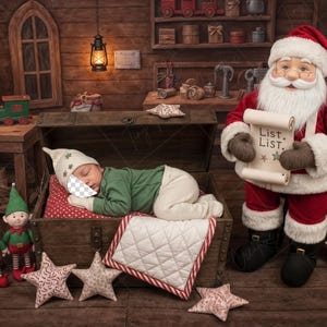 Puede incluir: Una escena navideña festiva con un bebé durmiendo en un cofre de madera, una figura de Papá Noel sosteniendo una lista y dos muñecos de duende. La escena está decorada con adornos en forma de estrella y una almohada acolchada roja y blanca.