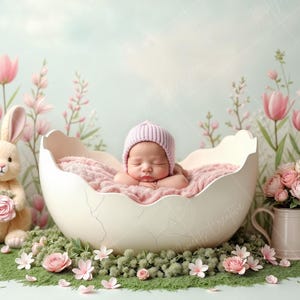 May include: A newborn baby wearing a pink hat sleeps peacefully in a white egg-shaped bed. The bed is surrounded by pink flowers and a plush bunny holding a pink flower.