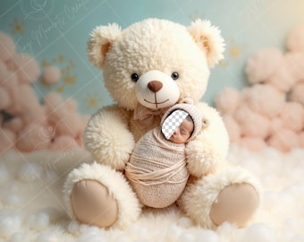 PSD: Gesicht einfügen Teddybär Umarmungsszene, Neugeborenes digitales Gesicht ersetzen Hintergrund | Neugeborenen digitalen Hintergrund | Fügen Sie ein Gesicht Prop |