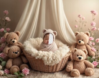PSD: Gesicht einfügen Teddybär Korb Szene, Neugeborenes digitales Gesicht ersetzen Hintergrund | Neugeborene digitale Kulisse