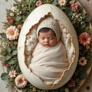 May include: A newborn baby is sleeping peacefully inside a white egg-shaped prop, surrounded by a wreath of green leaves and pink flowers. The baby is wearing a knitted hat with a floral design.
