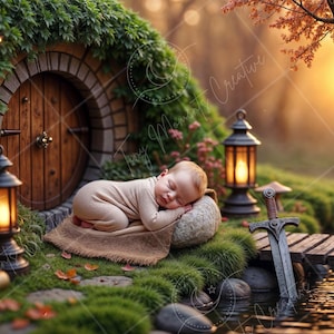 May include: A sleeping baby in a brown onesie lies on a stone in a mossy forest setting. A wooden door with a stone archway is in the background. A sword is leaning against a wooden bridge over a stream. Two lanterns are lit on either side of the baby.