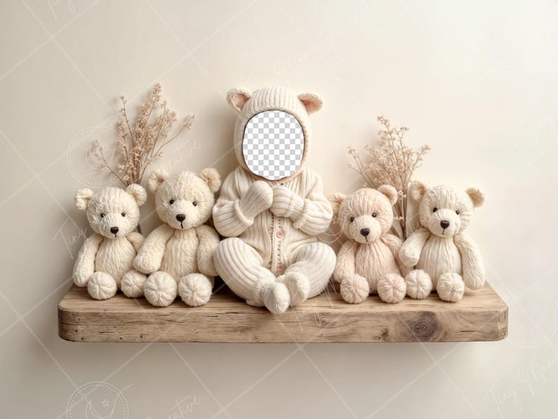 May include: Five cream-colored teddy bears, including a larger one wearing a cream-colored knitted outfit, are arranged on a wooden shelf. The larger teddy bear has a blank space for a face.