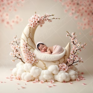 May include: A newborn baby sleeping peacefully in a crescent moon-shaped bed decorated with pink blossoms. The bed is surrounded by fluffy white clouds and pink blossoms.