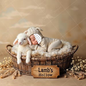 May include: A newborn baby wearing a white knitted hat and a white onesie is sleeping in a wicker basket with a white lamb. The basket is filled with straw and has a sign that reads "Lamb's Hollow".