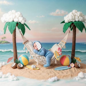 May include: A baby in a blue outfit sleeps in a hammock on a sandy beach scene. The scene includes palm trees, beach balls, a surfboard, and coconuts. The background features an ocean and small islands.