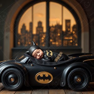 Könnte beinhalten: Ein schwarzes Spielzeugauto mit einem gelben Fledermaussymbol an der Seite. Ein Baby, das als Batman verkleidet ist, liegt im Auto. Das Auto steht vor einem Fenster mit Blick auf die Stadt.