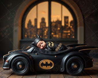 Newborn Digital Backdrop | Superhero Car Cradle in City Loft, Baby Boy Photography Prop