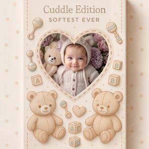 May include: A white photo frame with a heart-shaped opening, featuring a baby in a pink sweater and a teddy bear. The frame is decorated with teddy bears, rattles, and blocks that spell "A" and "B". The text "Cuddle Edition Softest Ever" is printed at the top of the frame.
