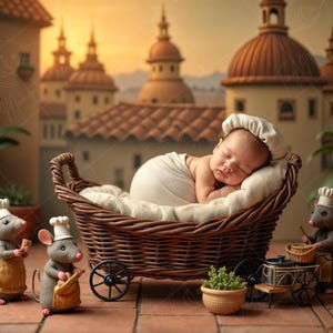 Newborn Digital Backdrop | Italian Rooftop Chef Mice & Cradle Scene, Cooking-Themed Baby Setup