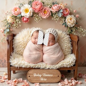 May include: Two infants wrapped in pink blankets are sleeping on a small wooden bench with a floral garland above them. The bench has a sign that says "Baby Names Here".
