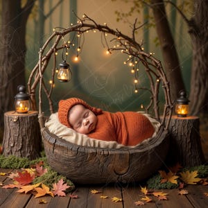 May include: A newborn baby sleeping in a wooden bowl, surrounded by fall leaves and fairy lights. The bowl is nestled in a bed of moss and is decorated with a twig archway and lanterns.