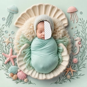 May include: A newborn baby is sleeping in a seashell-shaped prop, wrapped in a light blue blanket. The baby is wearing a white hat with a light blue trim. The background is a light blue and green colour with seashells, starfish, and jellyfish.