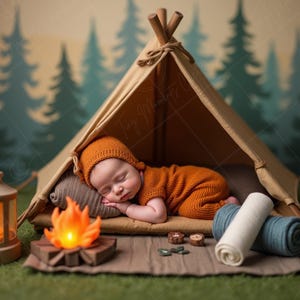May include: A sleeping baby in an orange knitted outfit and hat inside a small tan tent. A decorative campfire, lantern, and rolled blankets are in front of the tent, with a forest backdrop. The scene evokes a camping theme.