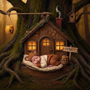 Op de afbeelding: Een pasgeboren baby slaapt vredig in een miniatuur houten huis tegen een grote boom. De baby draagt een bruine berenmuts en bijpassende outfit. Een bordje leest "HONEY" en een hangende bijenkorf draagt bij aan de grillige scène.