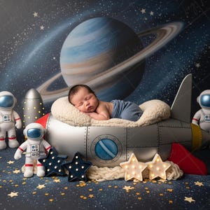 May include: A newborn baby sleeps in a spaceship-shaped bed, surrounded by astronaut figurines and star-shaped lights. The backdrop features a planet with rings and a starry sky, creating a space-themed nursery setting.