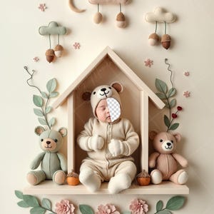 PSD: Face Insert Bear Nursery Shelf Scene, Newborn Digital Face Replace Backdrop | Newborn Digital Backdrop