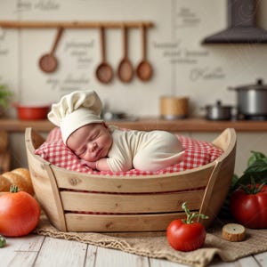 May include: A newborn baby wearing a white chef's hat sleeps in a wooden basket lined with a red and white checkered fabric. The basket is surrounded by tomatoes and basil.